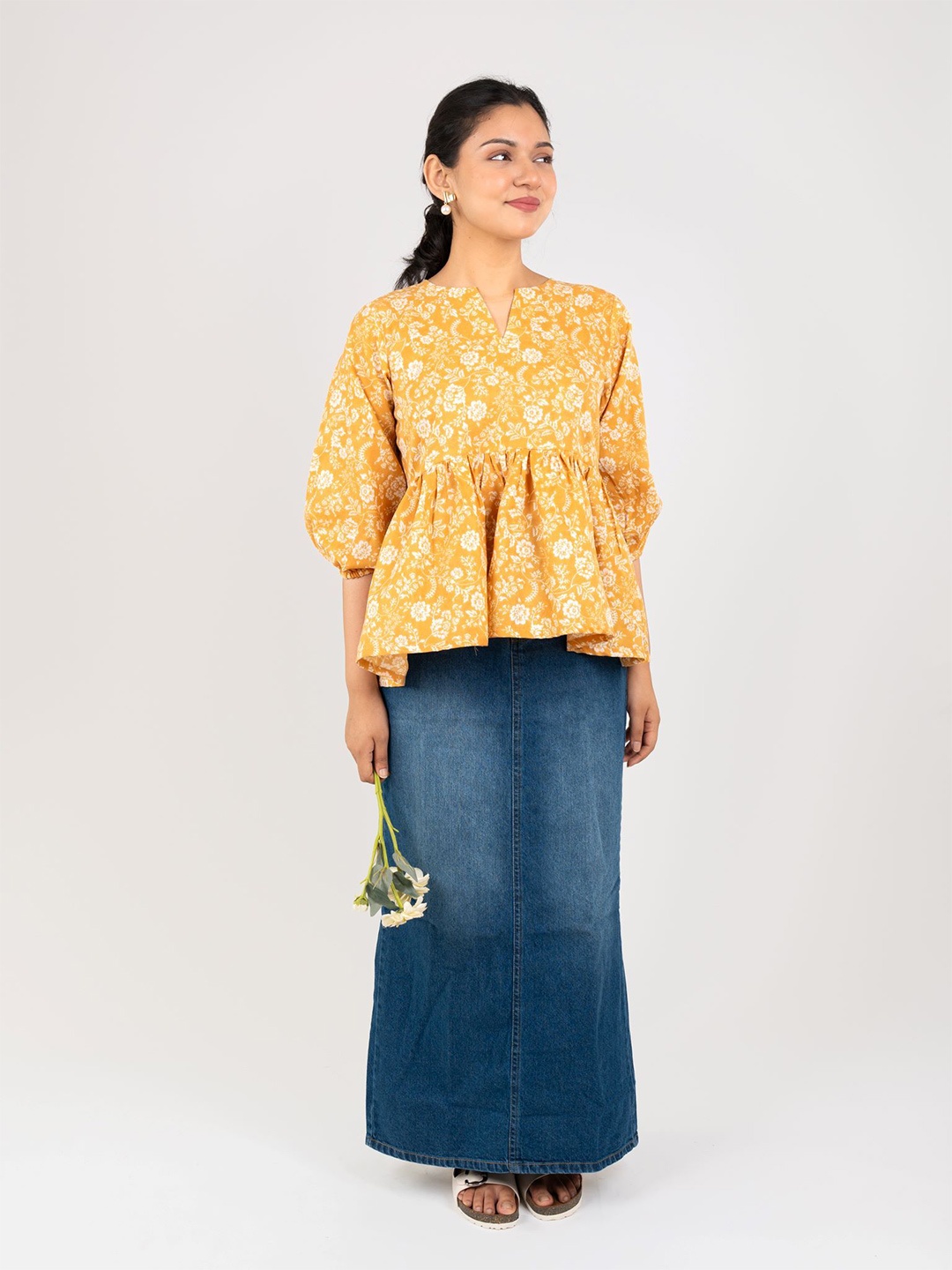 

MONOMEE Floral Print Puff Sleeve Cotton Blouson Top, Mustard