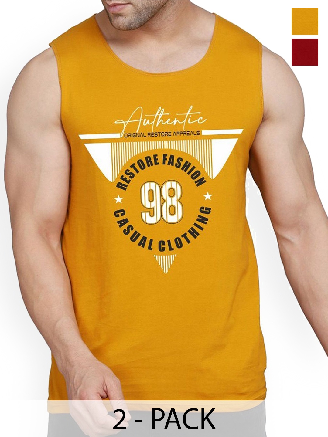 

WOOSTRO Men Pack Of 2 Printed Combed Cotton Innerwear Gym Vests, Mustard