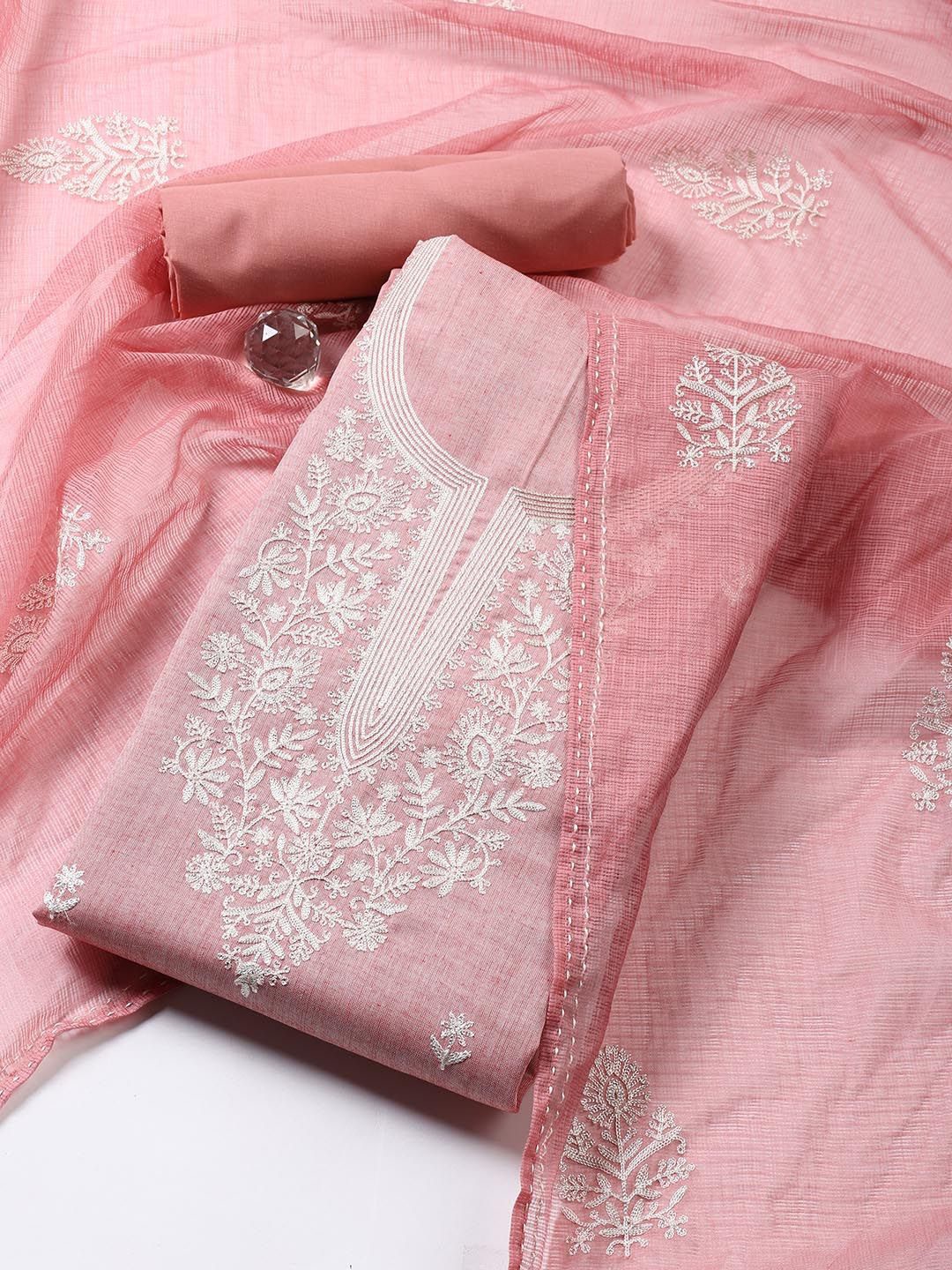 

Meena Bazaar Floral Embroidered Unstitched Dress Material, Pink