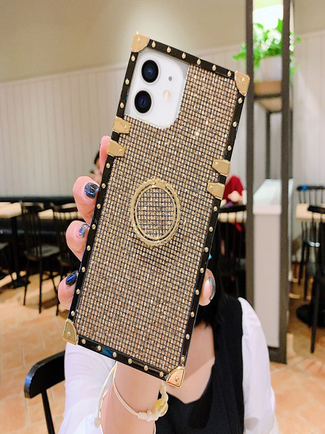 

Luxury Kase Quirky iPhone 12 Bling Glitter Case Square Cover Back Case, Gold