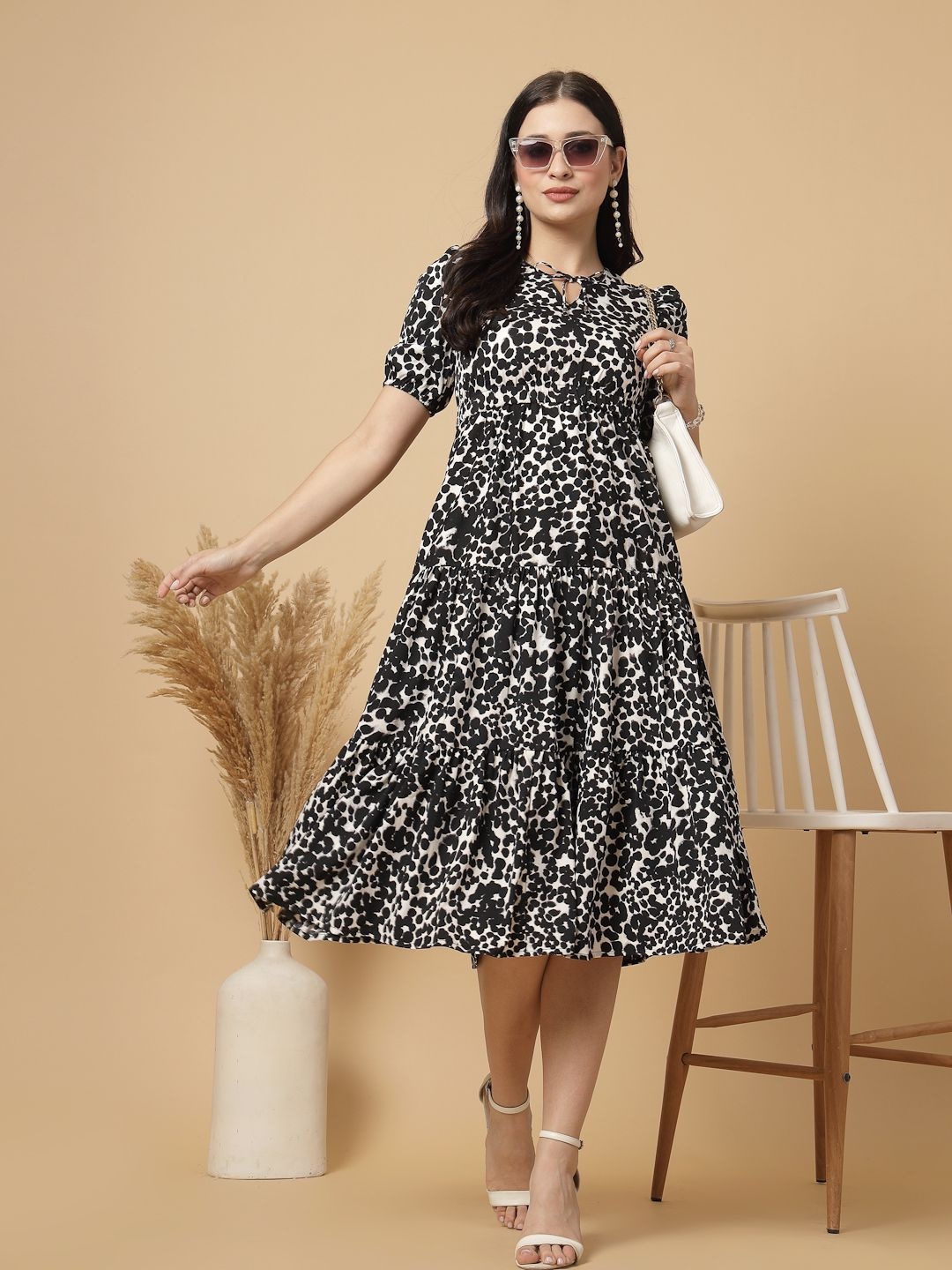 

RAASSIO Animal Printed Tie-Up Neck Puff Sleeve Crepe Tiered Fit & Flare Midi Dress, Black