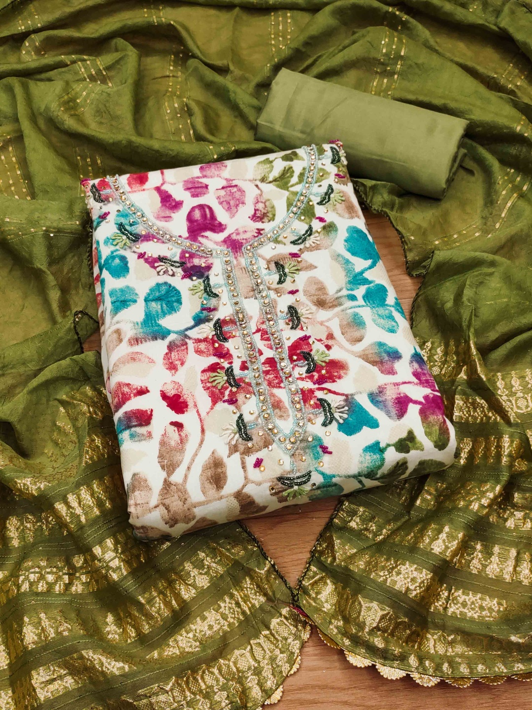

Blissta Floral Printed Beaded Work Unstitched Dress Material, Green