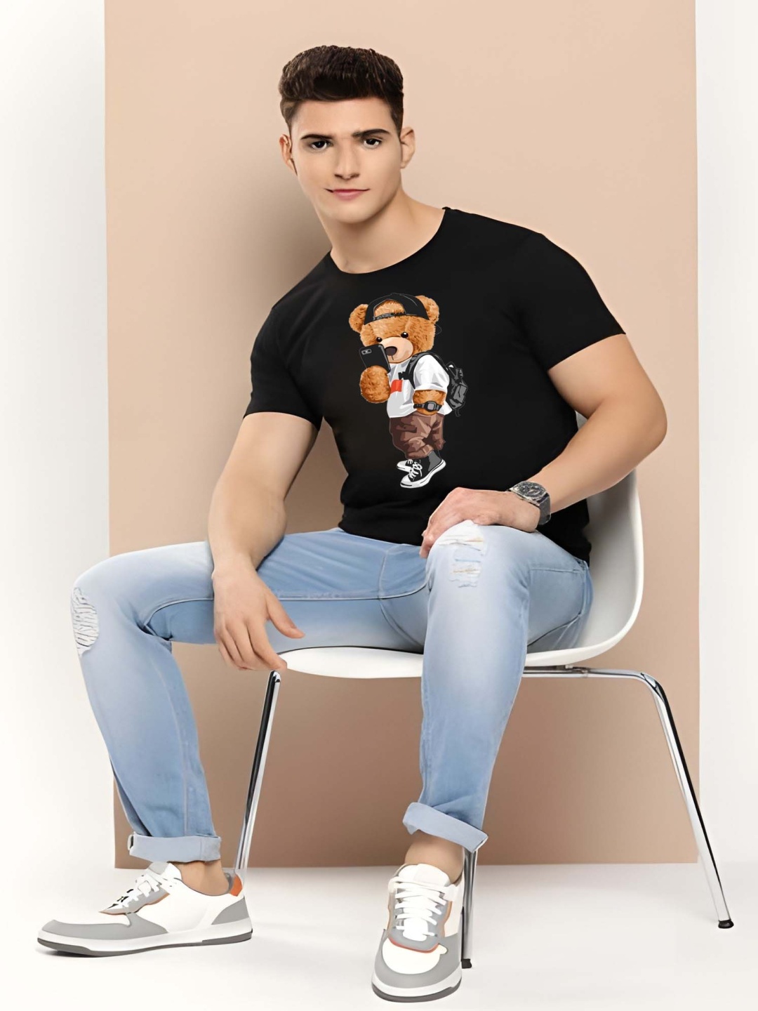 

Krimmple Men Graphic Printed Round Neck Cotton T-shirt, Black
