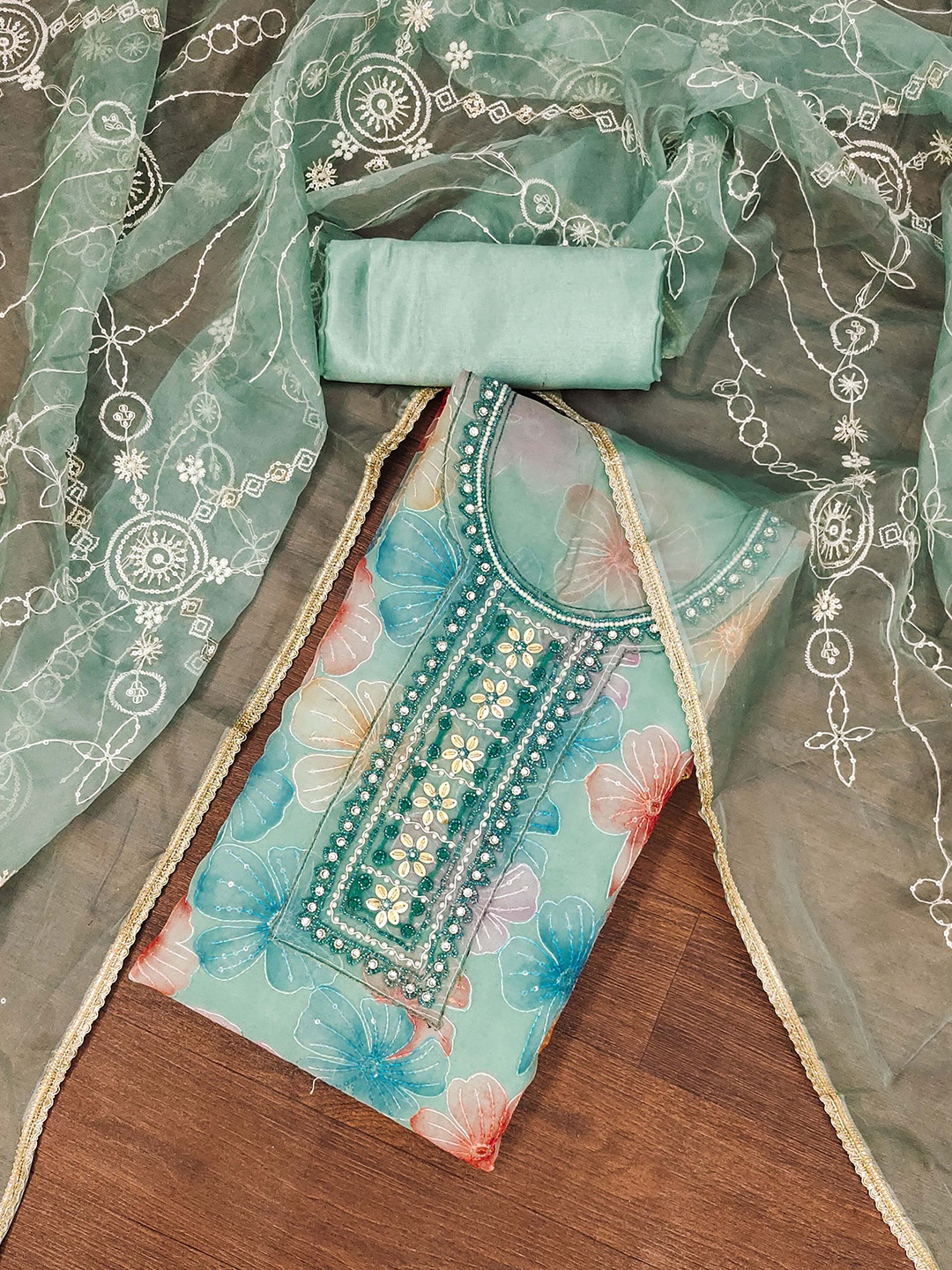 

Blissta Florl Embellished Unstitched Dress Material, Turquoise blue