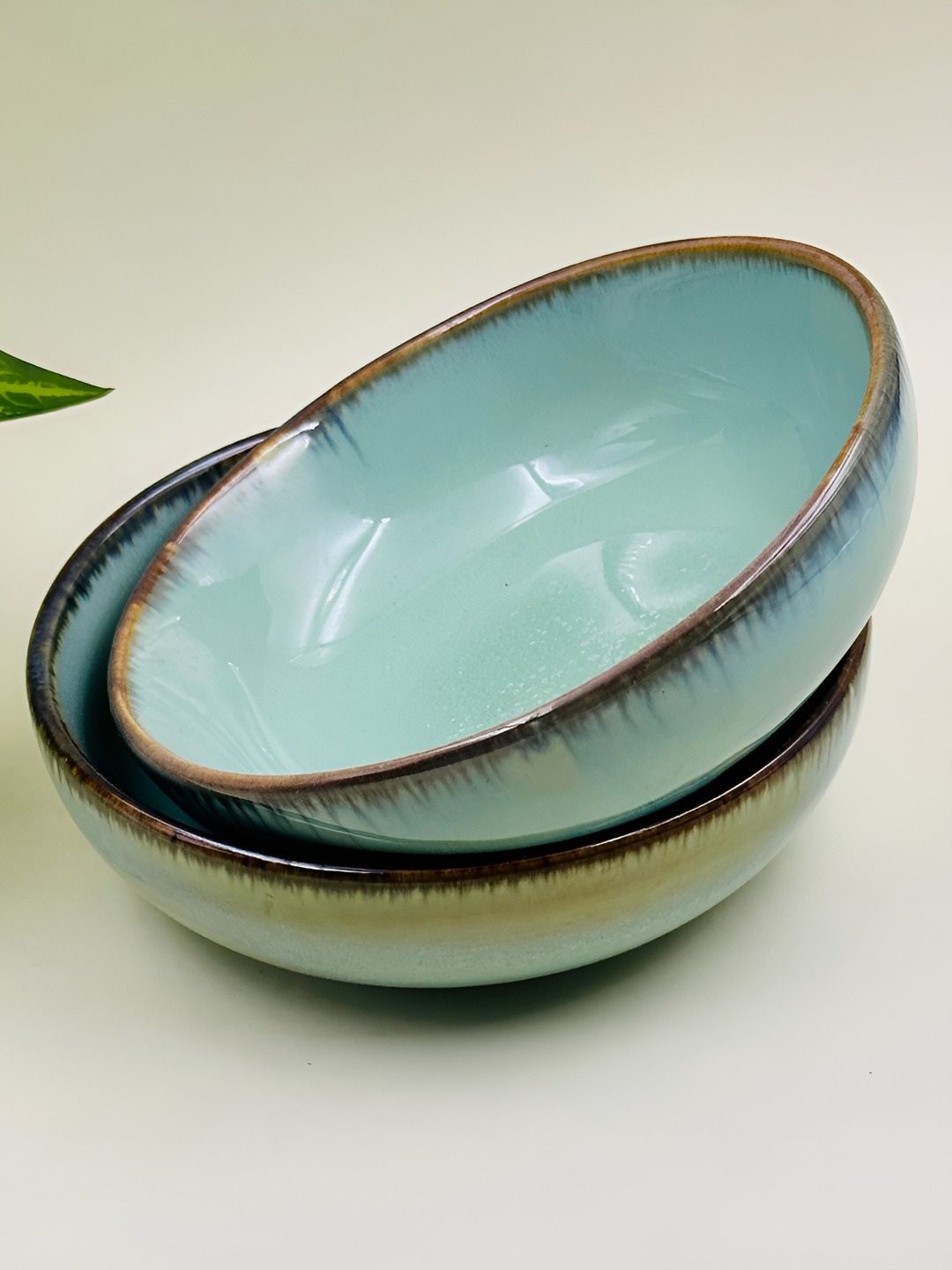 

Lupaava Green & Gold-Toned 2 Pieces Ceramic Glossy Microwave Safe Serving Bowl 700 ml Each