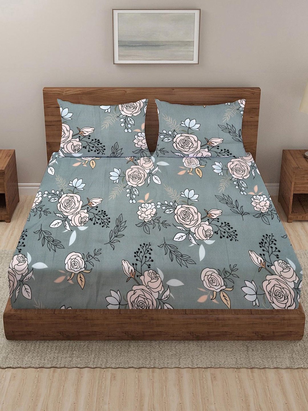 

THE little BIG STORE Green & Pink Floral 260 TC King Bedsheet with 2 Pillow Covers