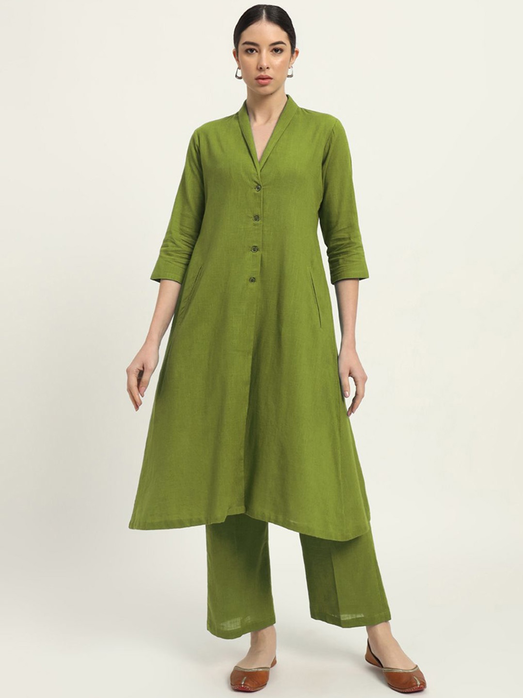 

Thevasa Boho Harmony Shawl Collar Pure Cotton A-Line Tunic With Trousers, Green