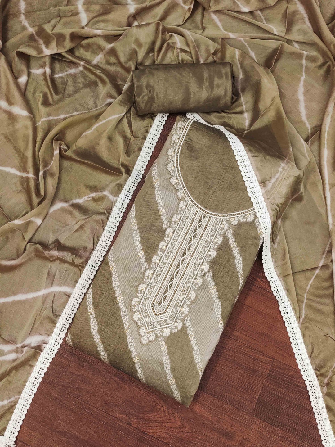 

Blissta Leheriya Woven Design Beads and Stones Unstitched Dress Material, Khaki