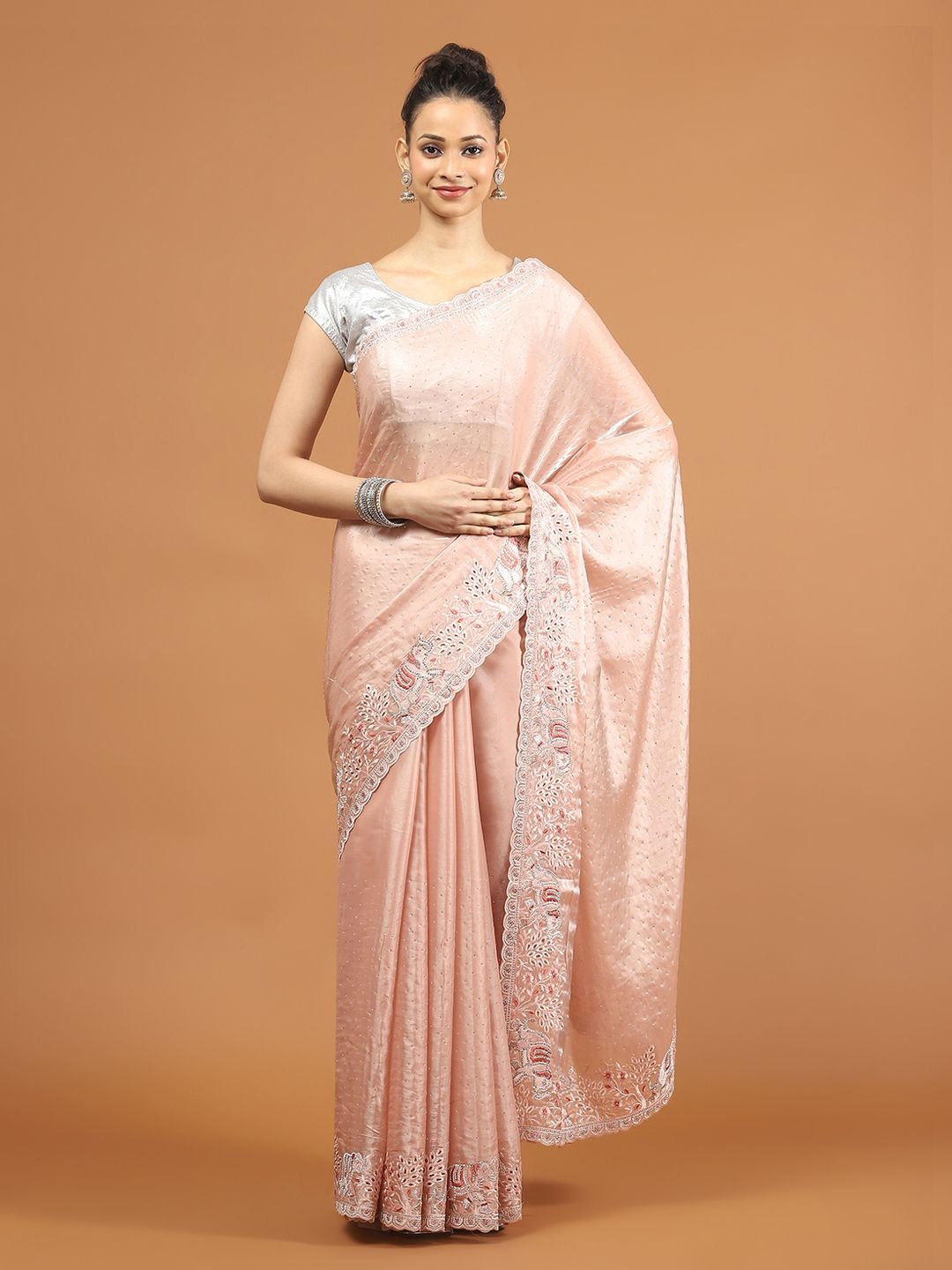 

Meena Bazaar Embellished Sequinned Organza Saree, Peach