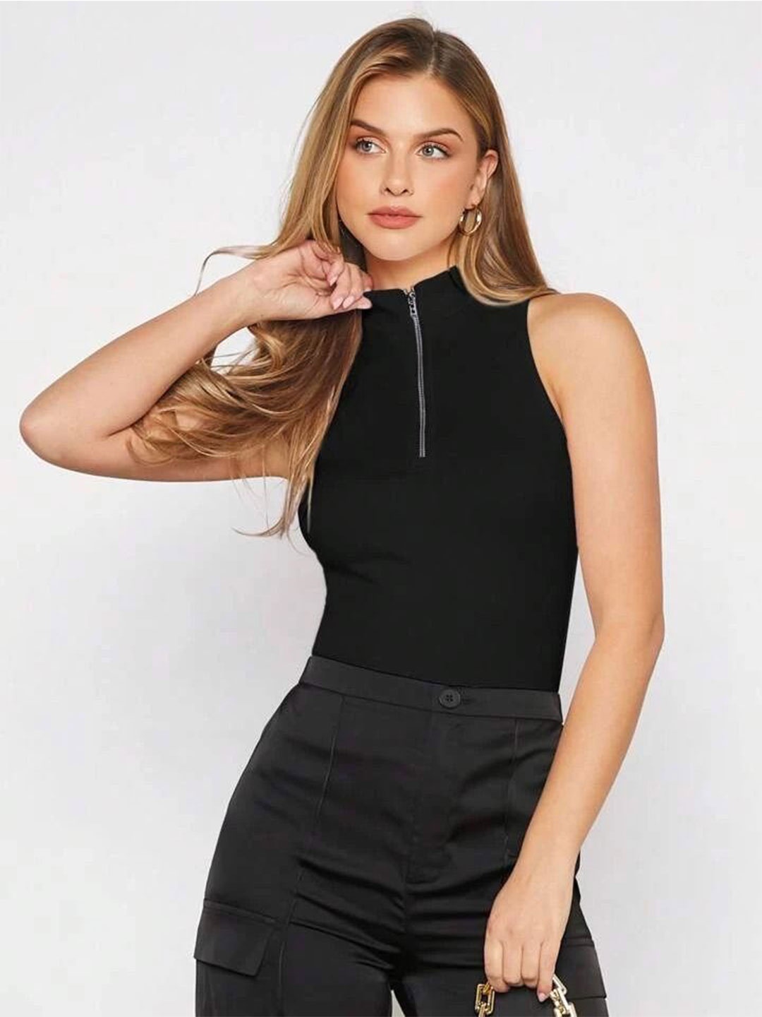 

TABADTOD Women High Neck Fitted Crop Top, Black