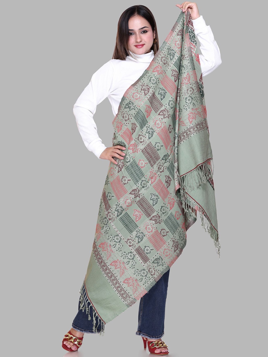 

Tones-N-Shades Women Stylish Floral Woven Design Woollen Shawl, Green