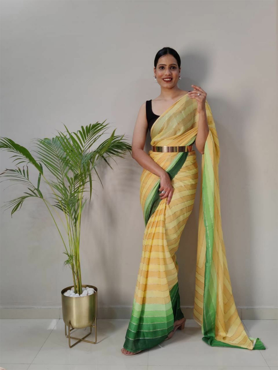 

bansari textiles Striped Printed Kota Saree, Yellow