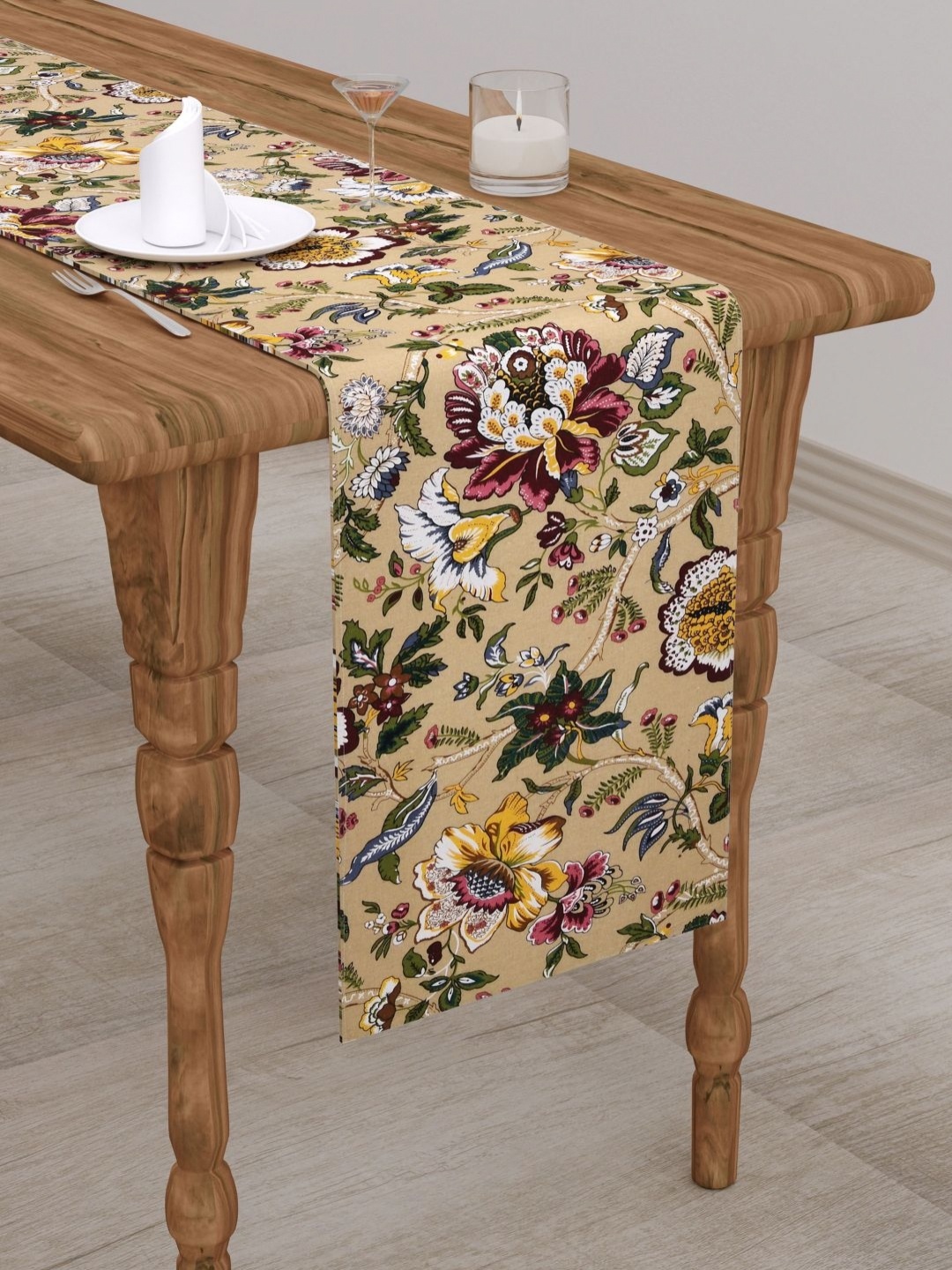 

Clasiko Beige & Green Floral Printed Pure Cotton Table Runner