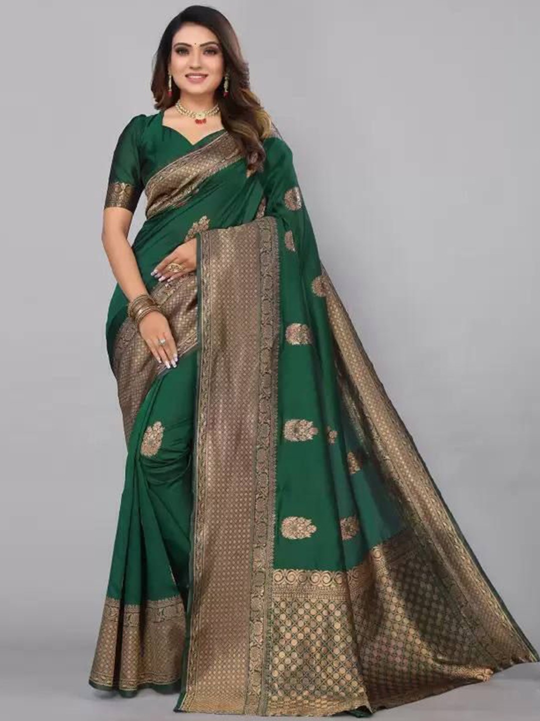 

bansari textiles Woven Design Zari Kanjeevaram Saree, Green
