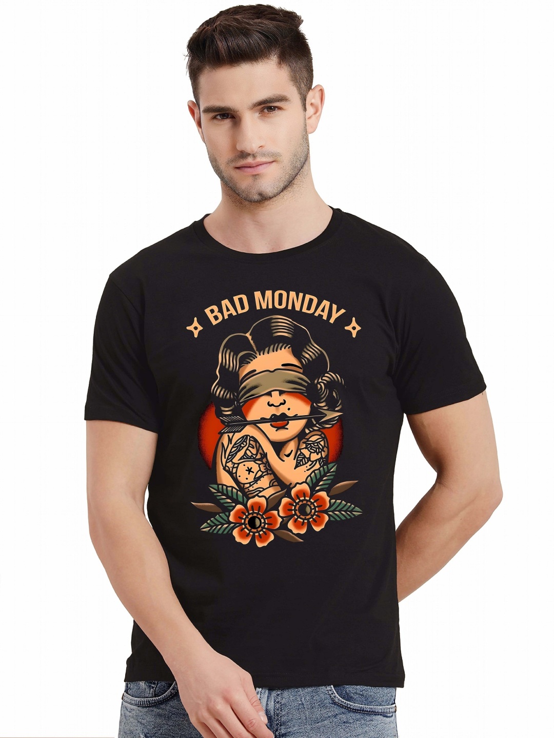 

Krimmple Men Graphic Printed Round Neck Cotton T-shirt, Black