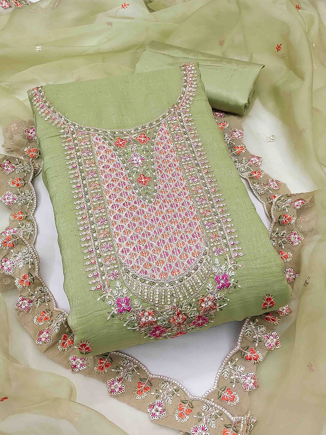

KIMISHA Floral Embroidered Beads And Stones Unstitched Dress Material, Green