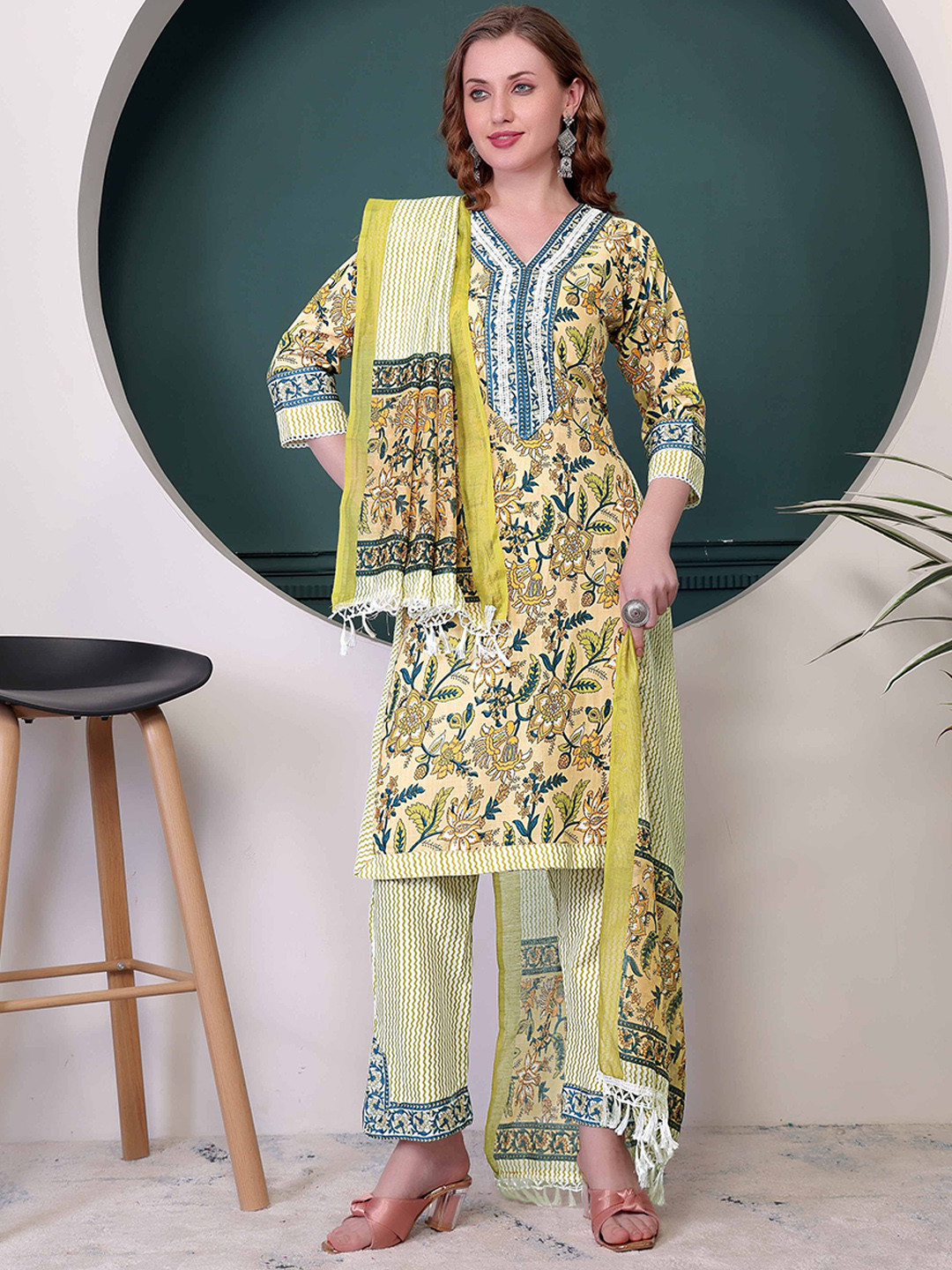 

Ethnic 3 You Floral Printed V-Neck Pure Cotton Straight Kurta With Trouser & Dupatta, Yellow