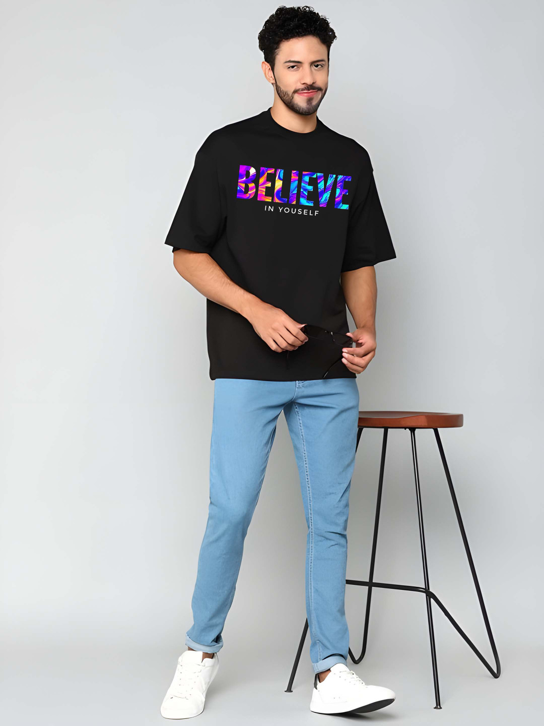 

Krimmple Men Typography Printed Round Neck Cotton Oversized T-shirt, Black