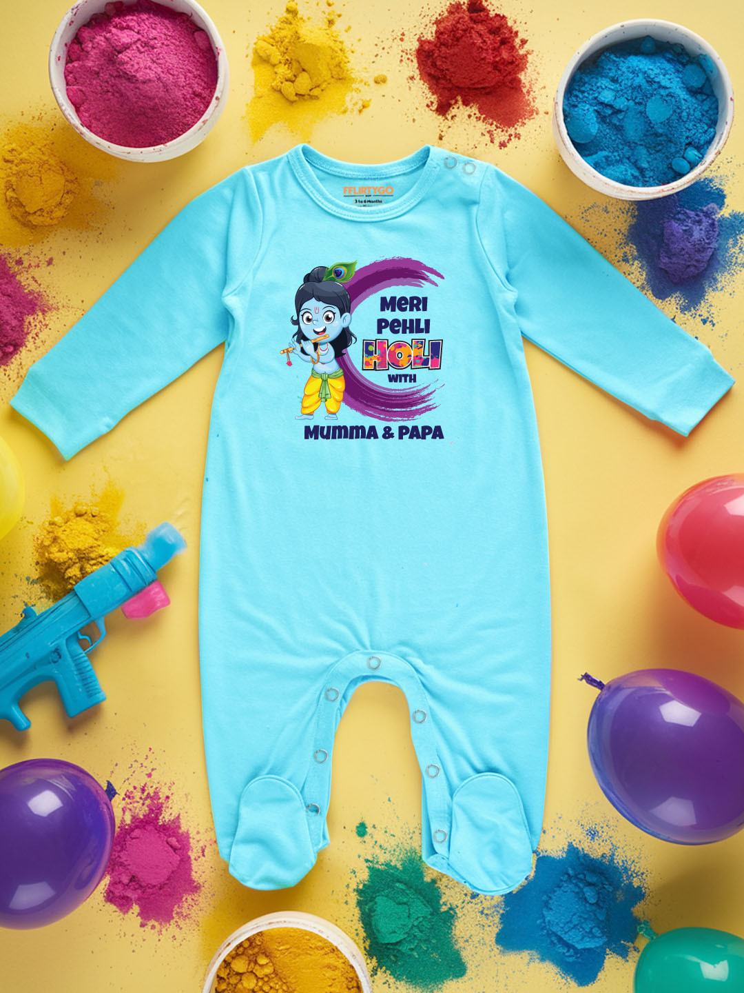 

FFLIRTYGO Infants Holi Printed Cotton Sleepsuit, Turquoise blue