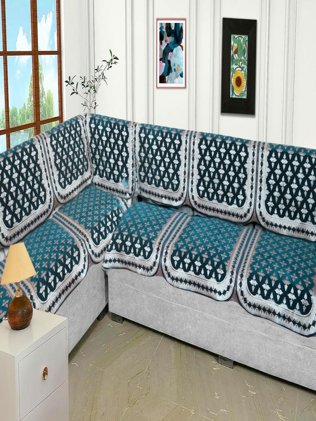 

Fashion Throw Turquoise Blue & White 6 Pieces Printed Jacquard 7 Seater Sofa Cover