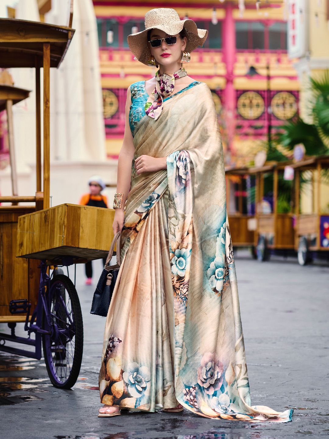 

Mitera Floral Printed Satin Saree, Beige