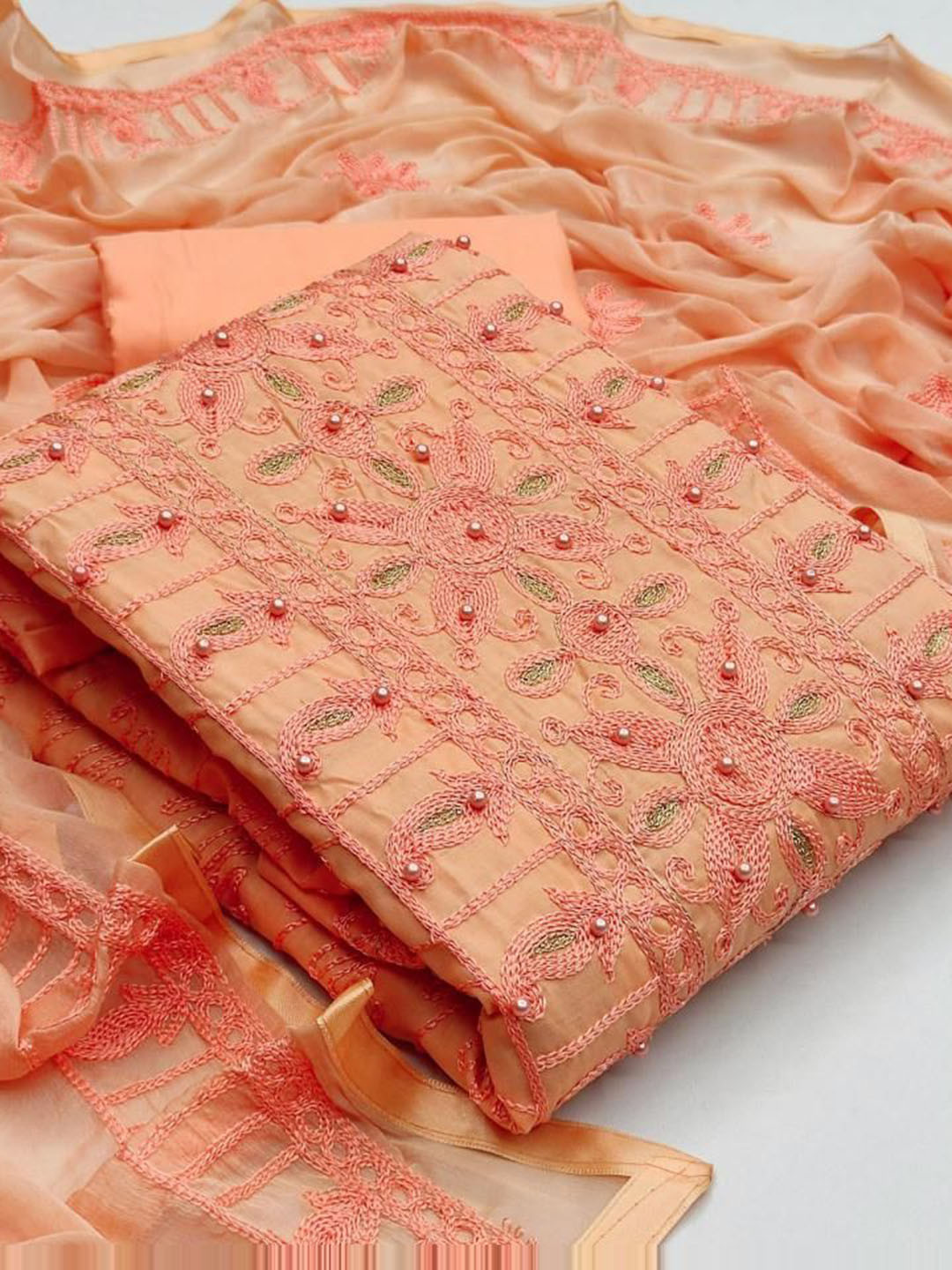 

KALINI Floral Embroidered Pure Cotton Unstitched Dress Material, Orange