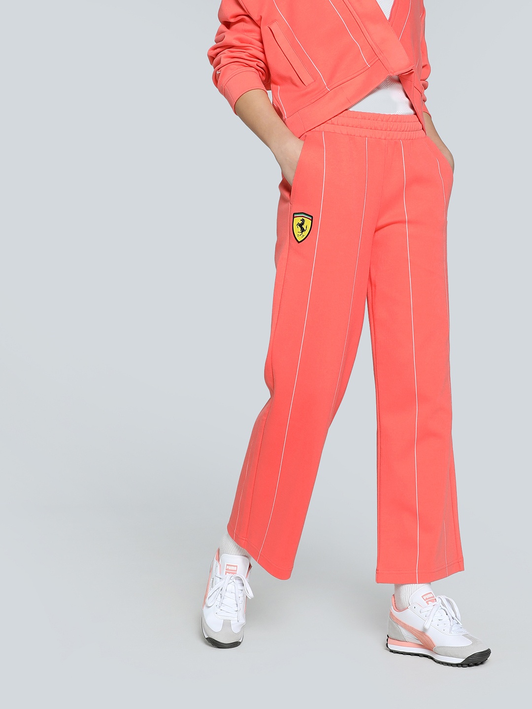 

PUMA Ferrari Race Motorsport Women Striped Mid Rise Track Pants, Peach