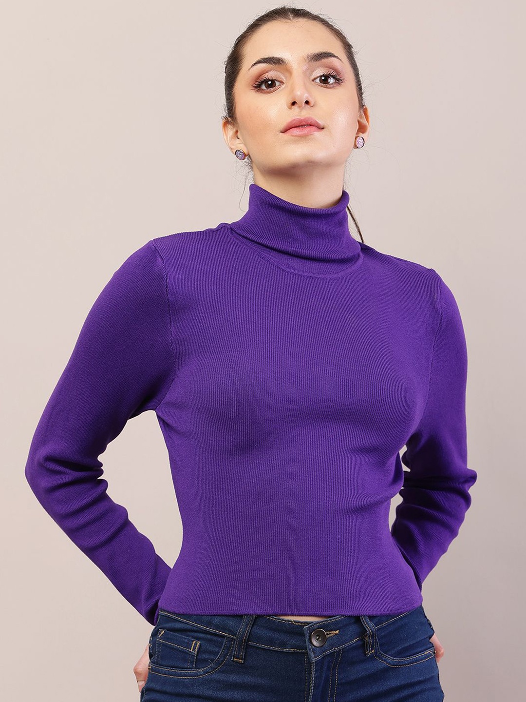 

NoBarr Women Ribbed Turtle Neck Crop Pullover Sweater, Purple