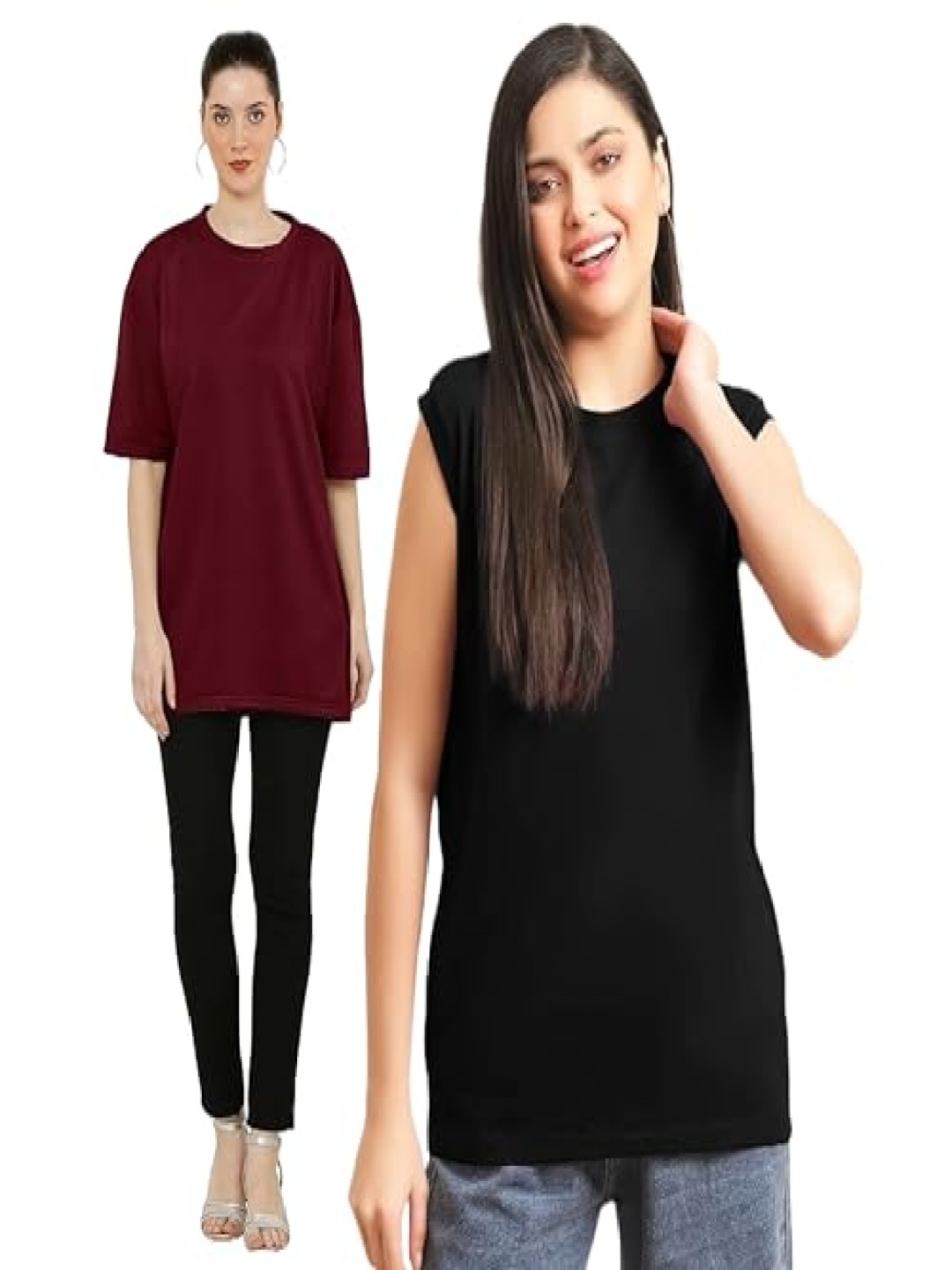 

NOTWILD Women Pack Of 2 Solid Round Neck Cotton T-shirts, Maroon