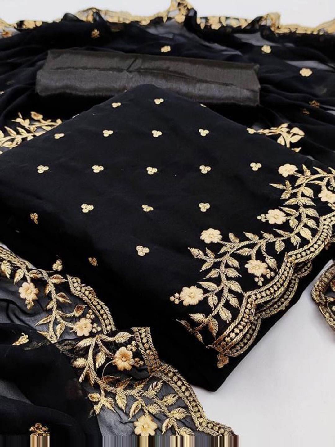 

KALINI Floral Embroidered Zari Georgette Unstitched Dress Material, Black