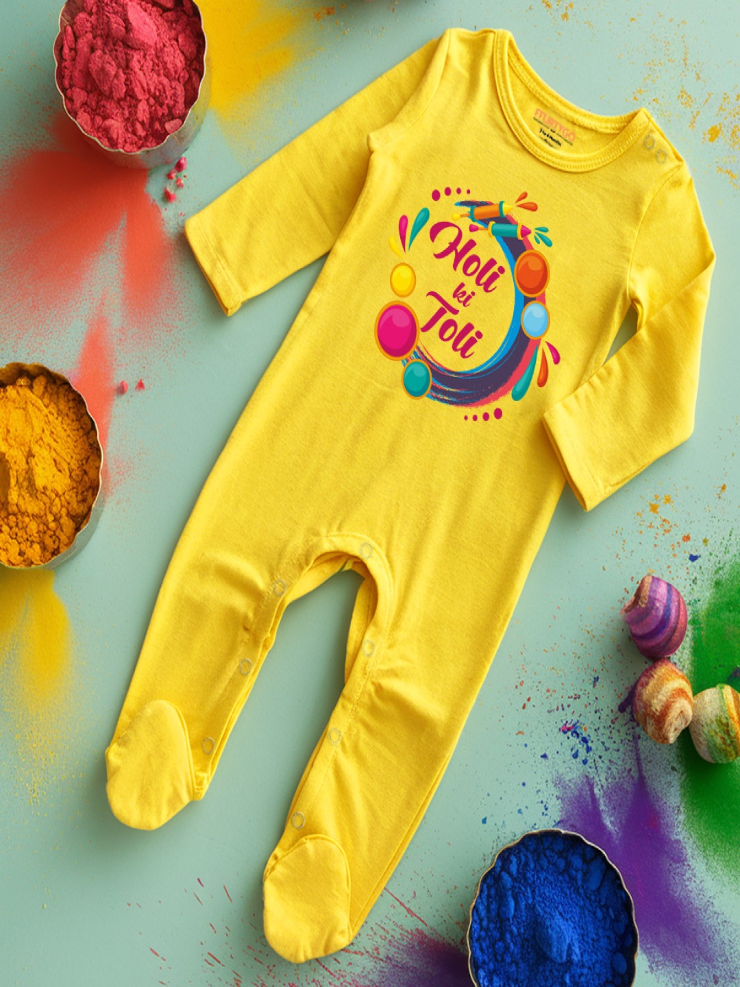

FFLIRTYGO Infants Holi Printed Pure Cotton Sleepsuit, Yellow