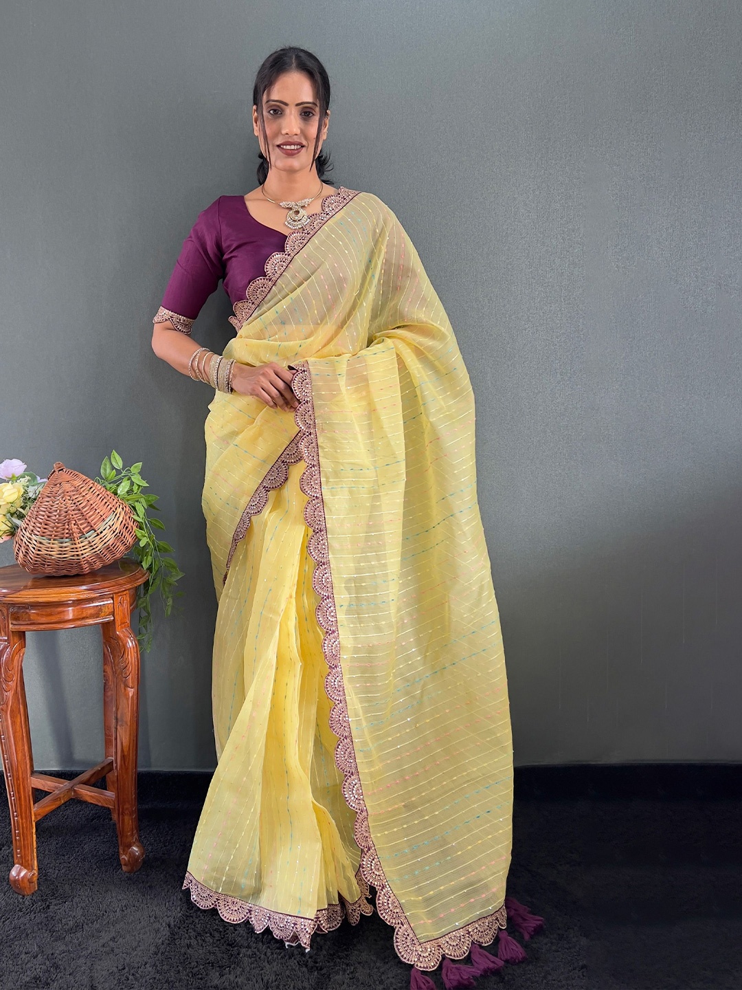 

Anouk Striped Embroidered Saree, Yellow