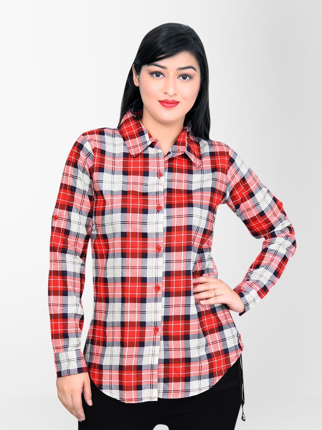 

DELIS Women Checked Cuffed Sleeves Shirt Style Cotton Top, Red