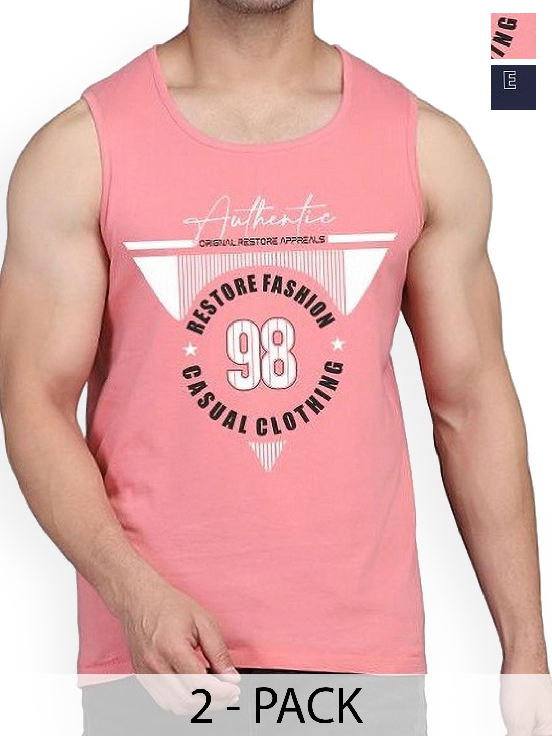 

Woostro Pack Of 2 Printed Cotton Gym Vests RS26 CMB (HARD NAVY) (98 PEACH), Navy blue