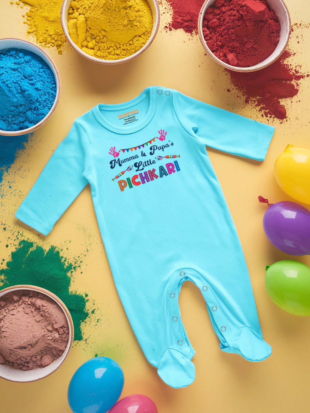

FFLIRTYGO Infants Holi Printed Cotton Sleepsuit, Turquoise blue