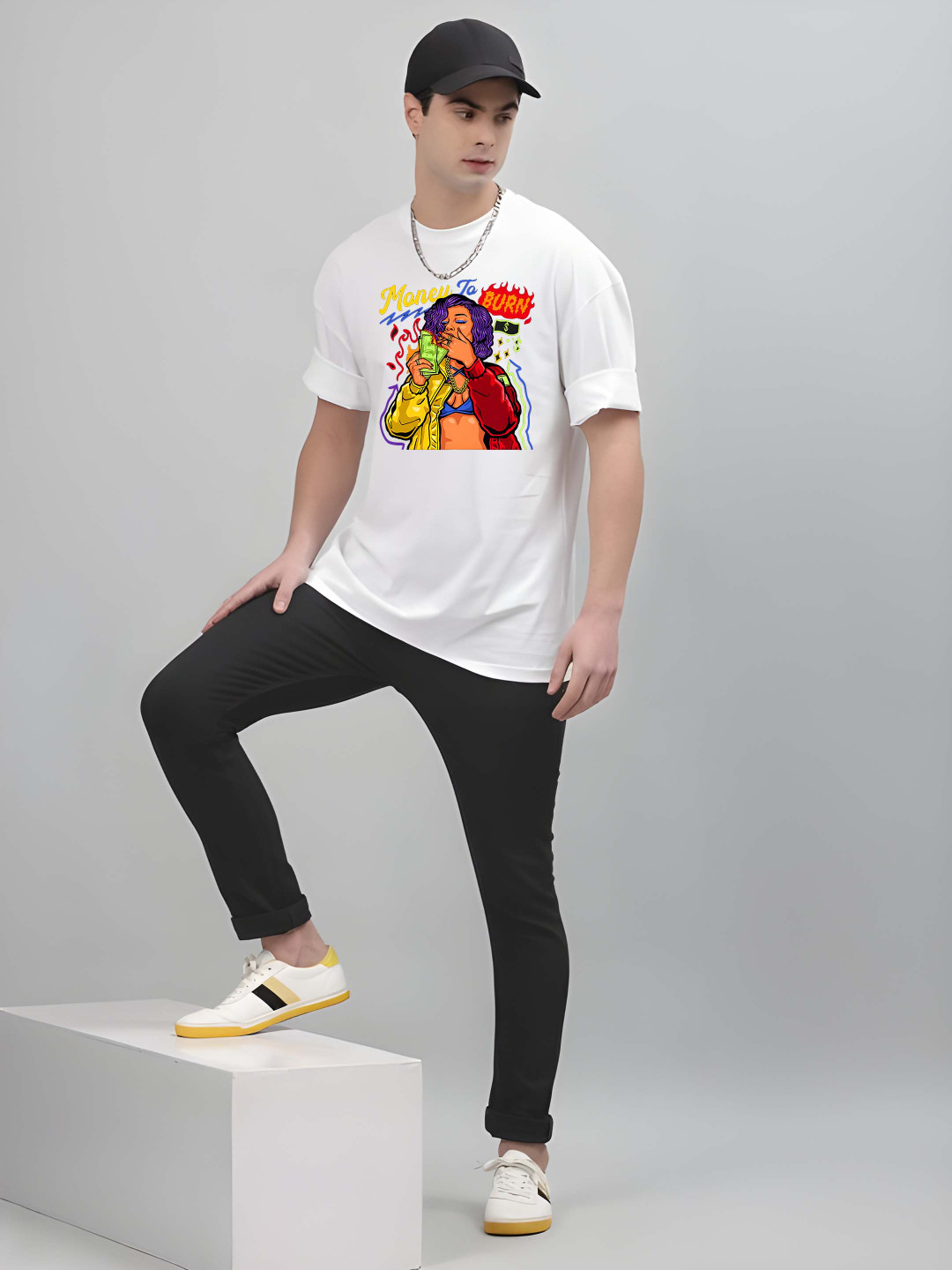 

Krimmple Men Graphic Printed Round Neck Cotton Oversized T-shirt, White