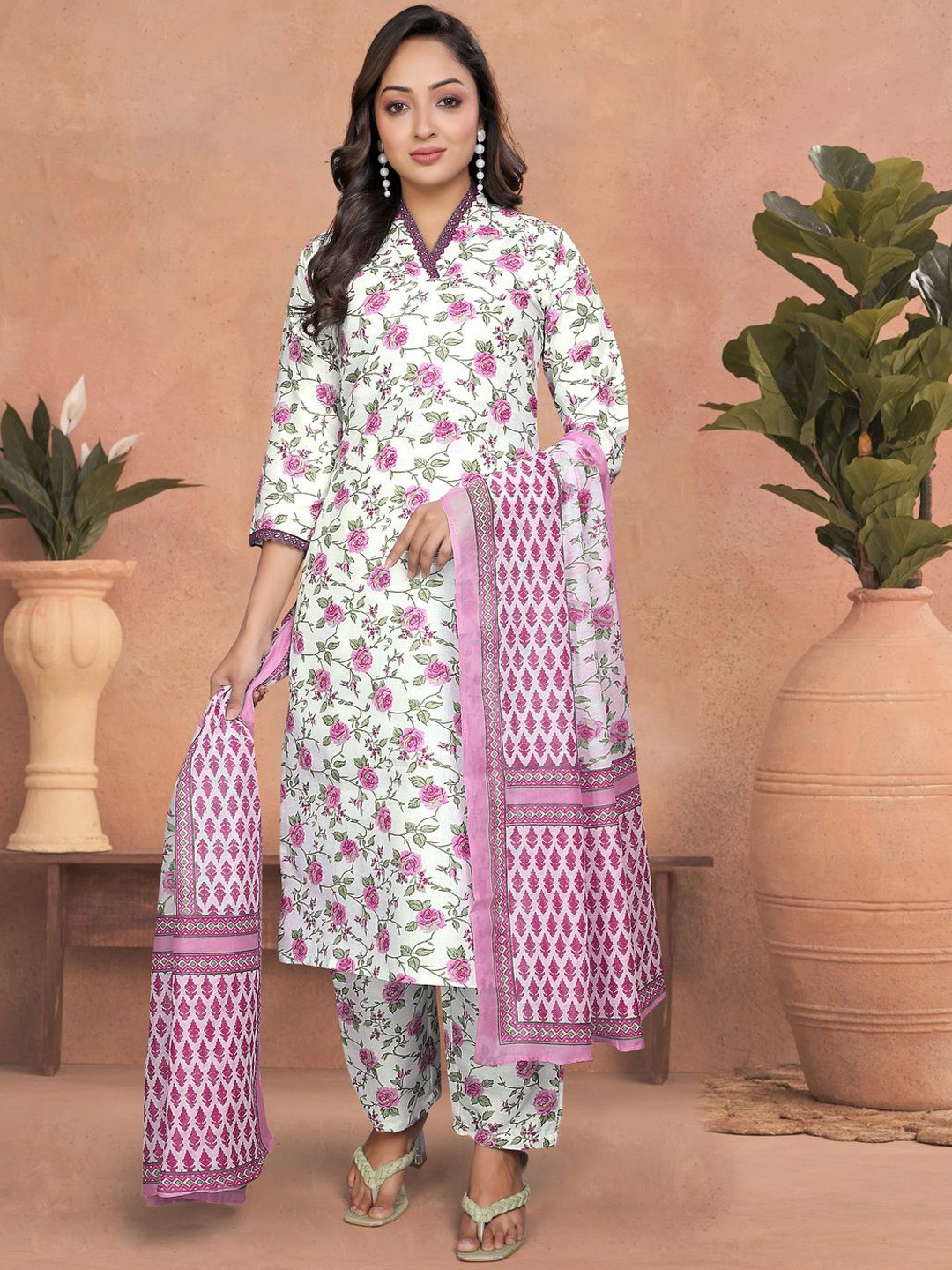 

KALINI Floral Printed V-Neck Cotton Straight Kurta With Trousers And Dupatta, Pink