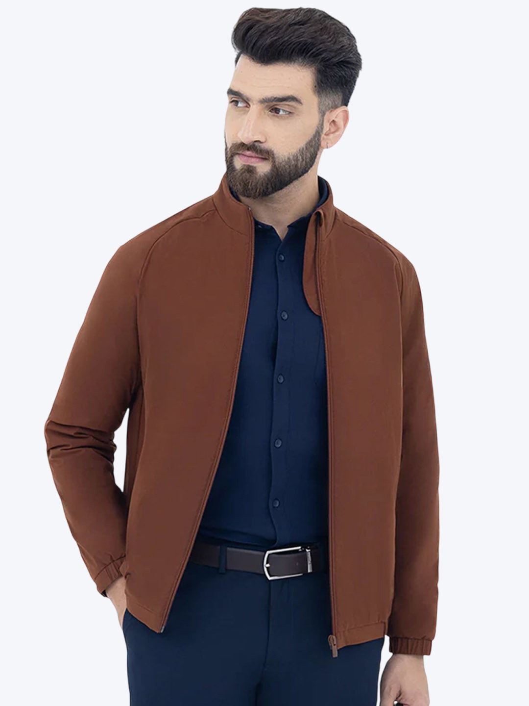 

Harfun Men Polyester Water Resistant Longline Open Front Jacket with Patchwork, Brown