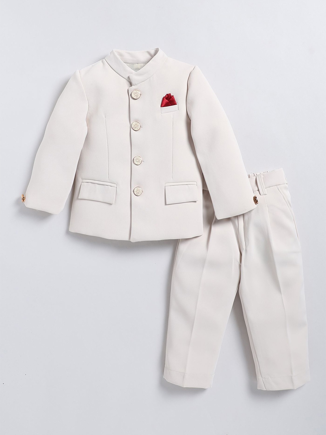 

LITTLE COLLARS Boys Jodhpuri Bandhgala Two-Piece Suit Blazer With Trouser, Cream