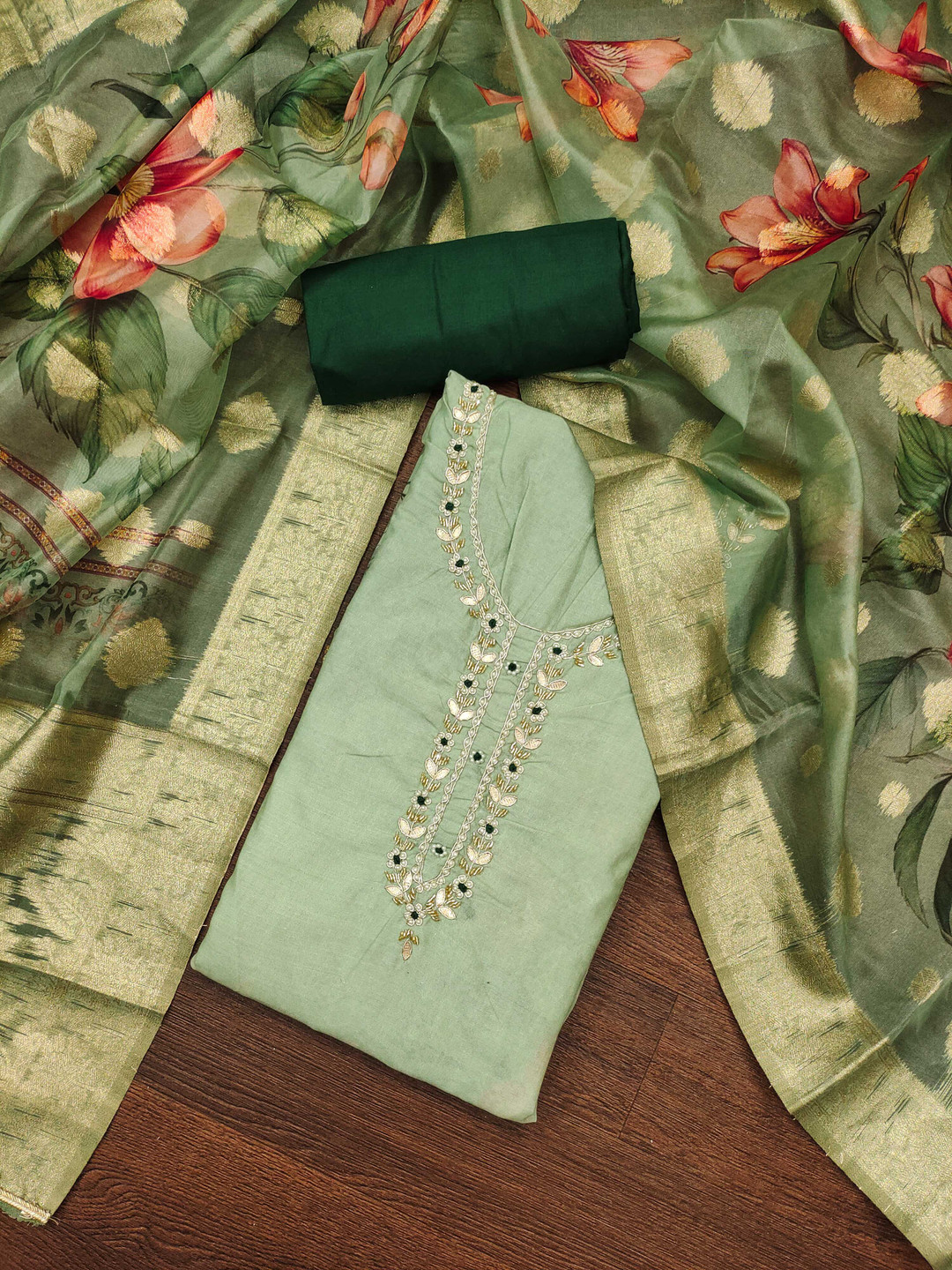 

Blissta Stones And Beads Work Unstitched Dress Material, Green