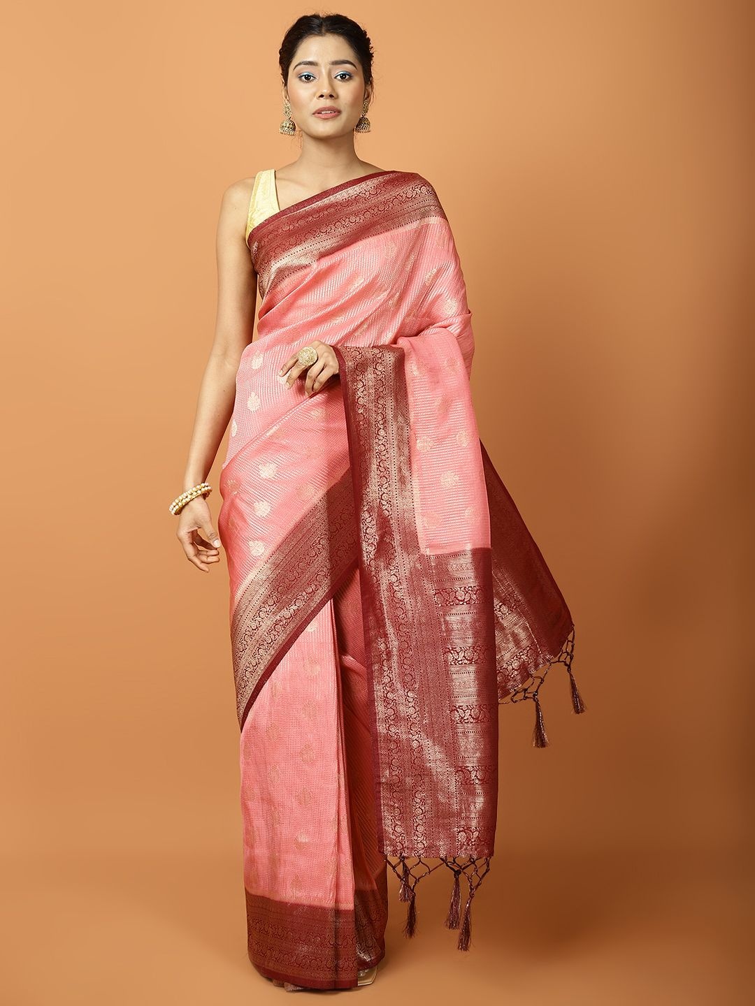 

Meena Bazaar Ethnic Motifs Woven Design Saree, Pink