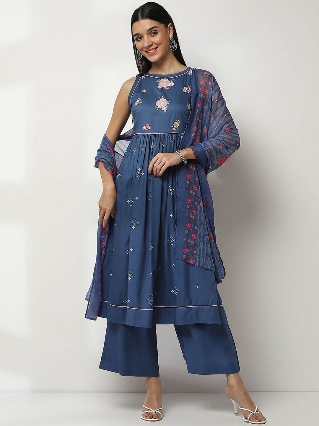 

Rangriti Floral Embroidered Round Neck Anarkali Kurta With Palazzos And Dupatta, Blue