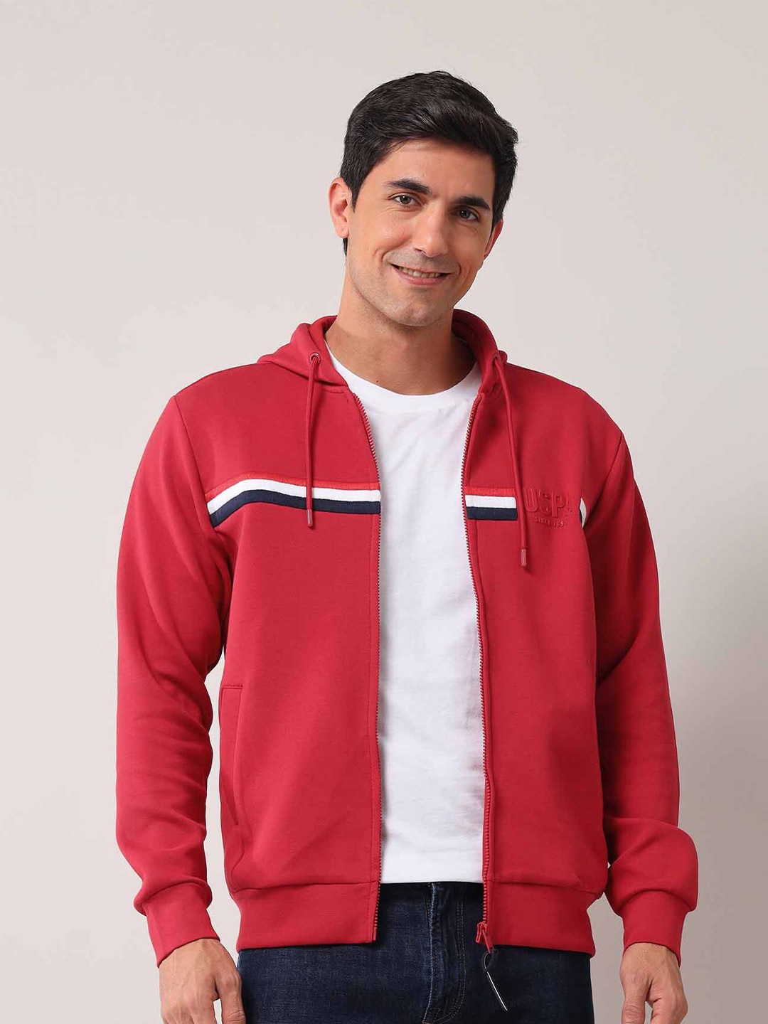 

U.S. Polo Assn. Men Striped Hooded Sweatshirt, Red