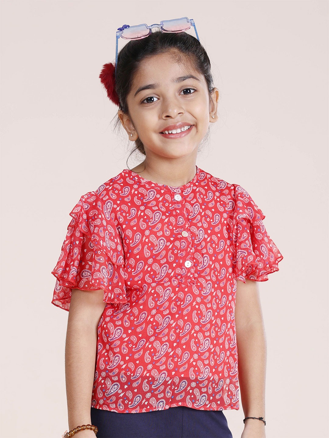 

KiddoPanti Girls Paisley Printed Flutter Sleeve Frill Layered Top, Red