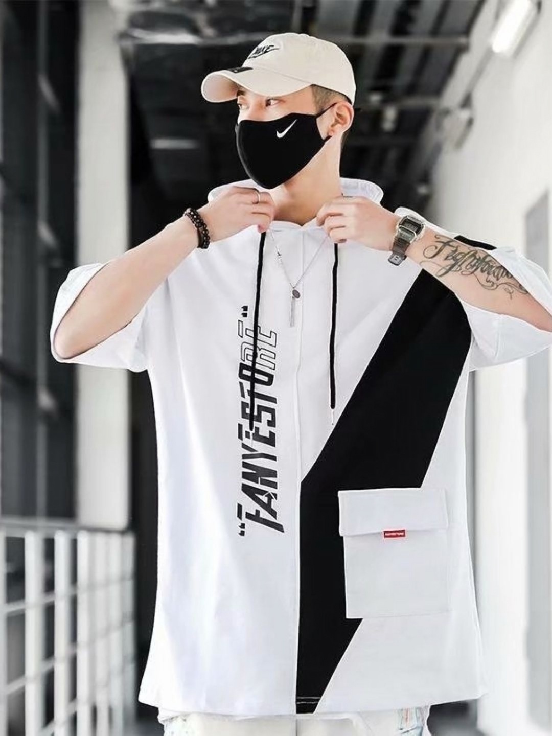 

StyleCast Men Typography Printed Hooded Cotton Oversized T-shirt, White