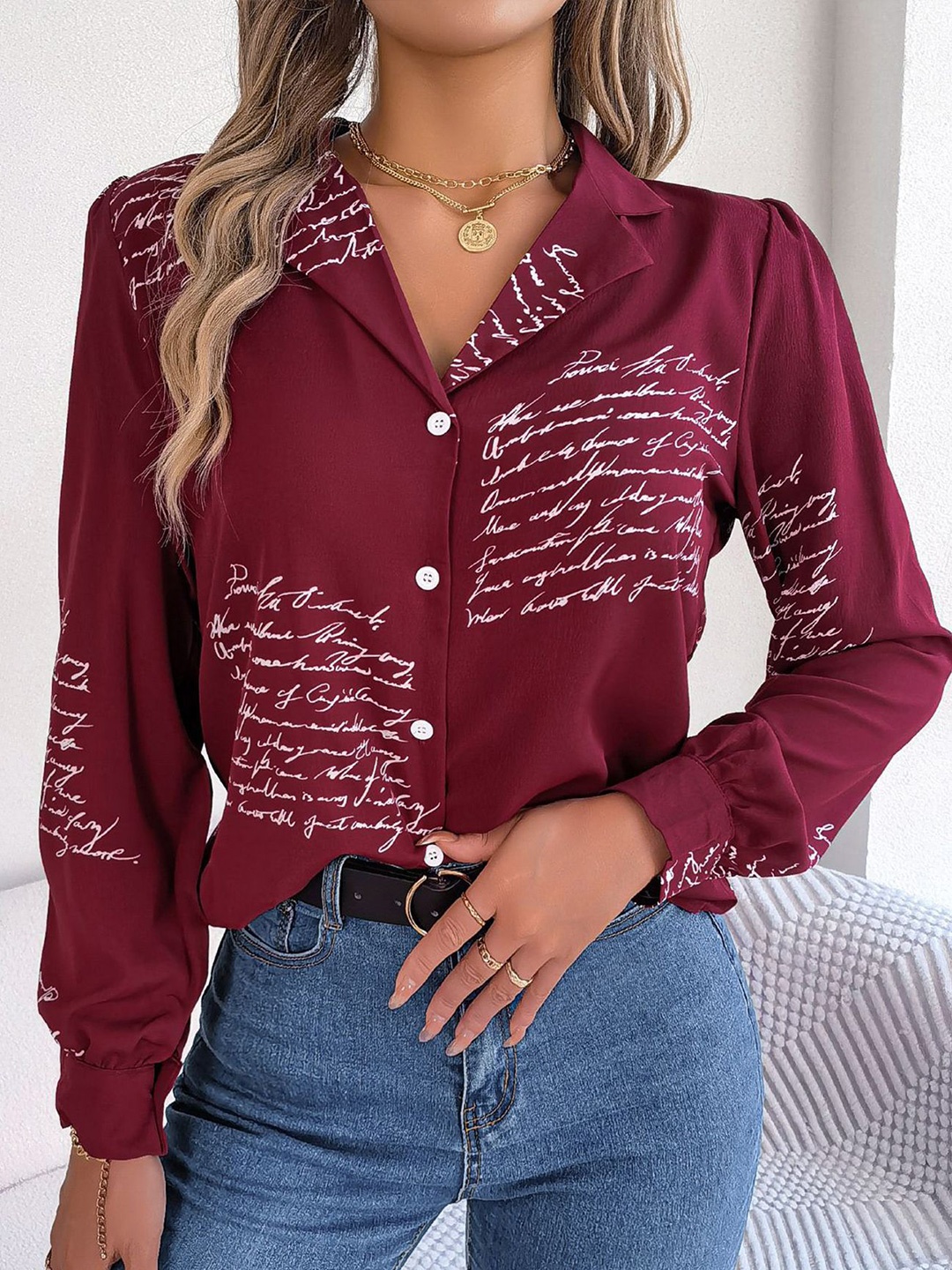 

StyleCast x Revolte Women Cuban Collar Typography Printed Casual Shirt, Maroon