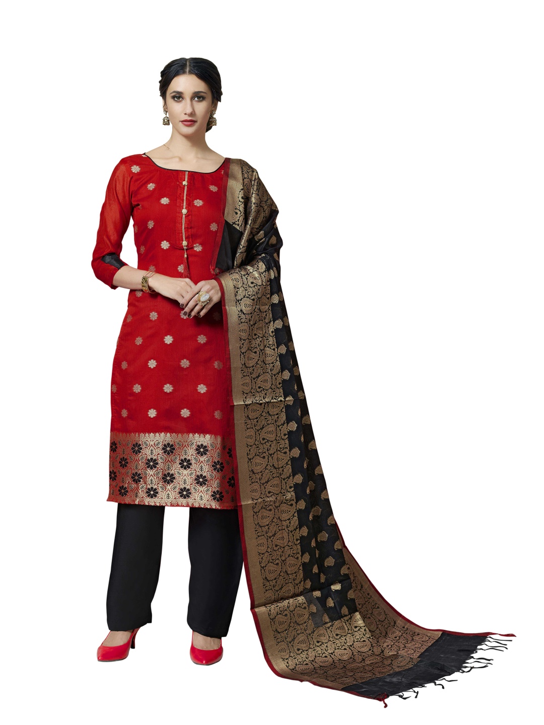 

HERE&NOW Floral Woven Design Banarasi Silk Unstitched Dress Material, Red