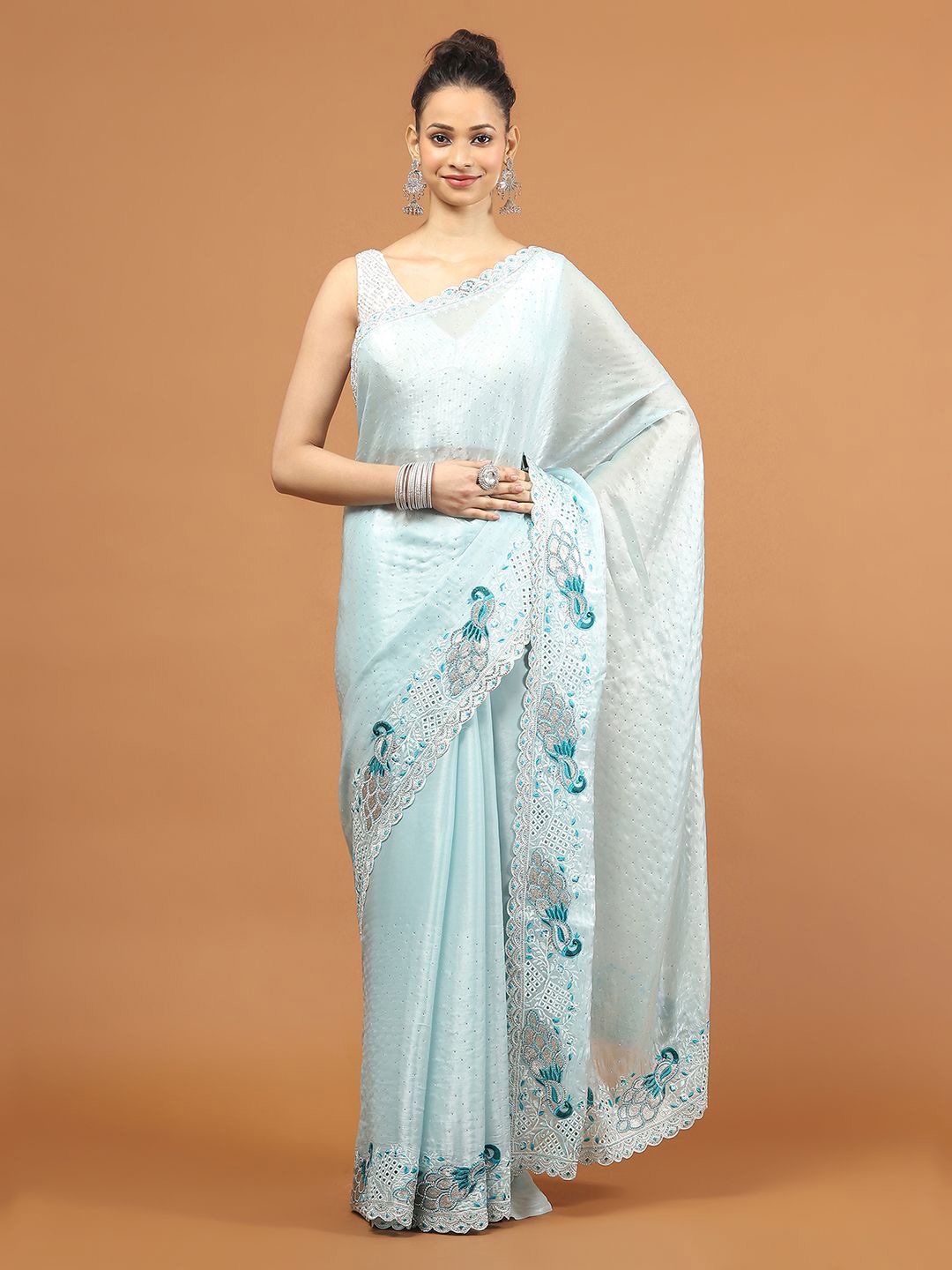 

Meena Bazaar Embellished Embroidered Organza Saree, Blue