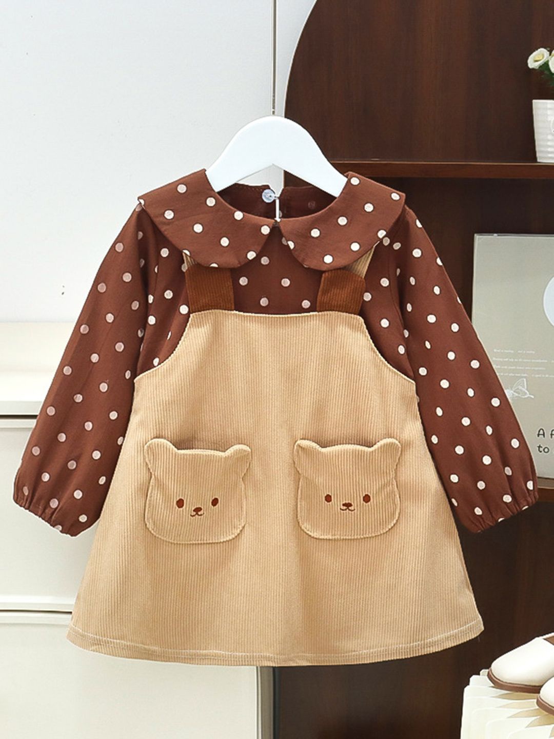 

YK Girls Polka Dot Print Puff Sleeve Applique A-Line Dress, Camel brown