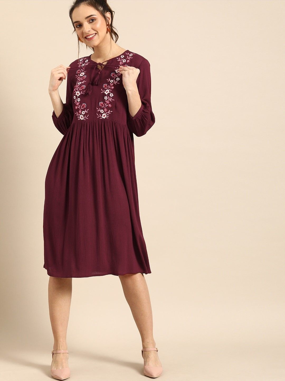 

DressBerry Bohemian Embroidered Tie-Up Neck Crepe A-Line Dress, Burgundy